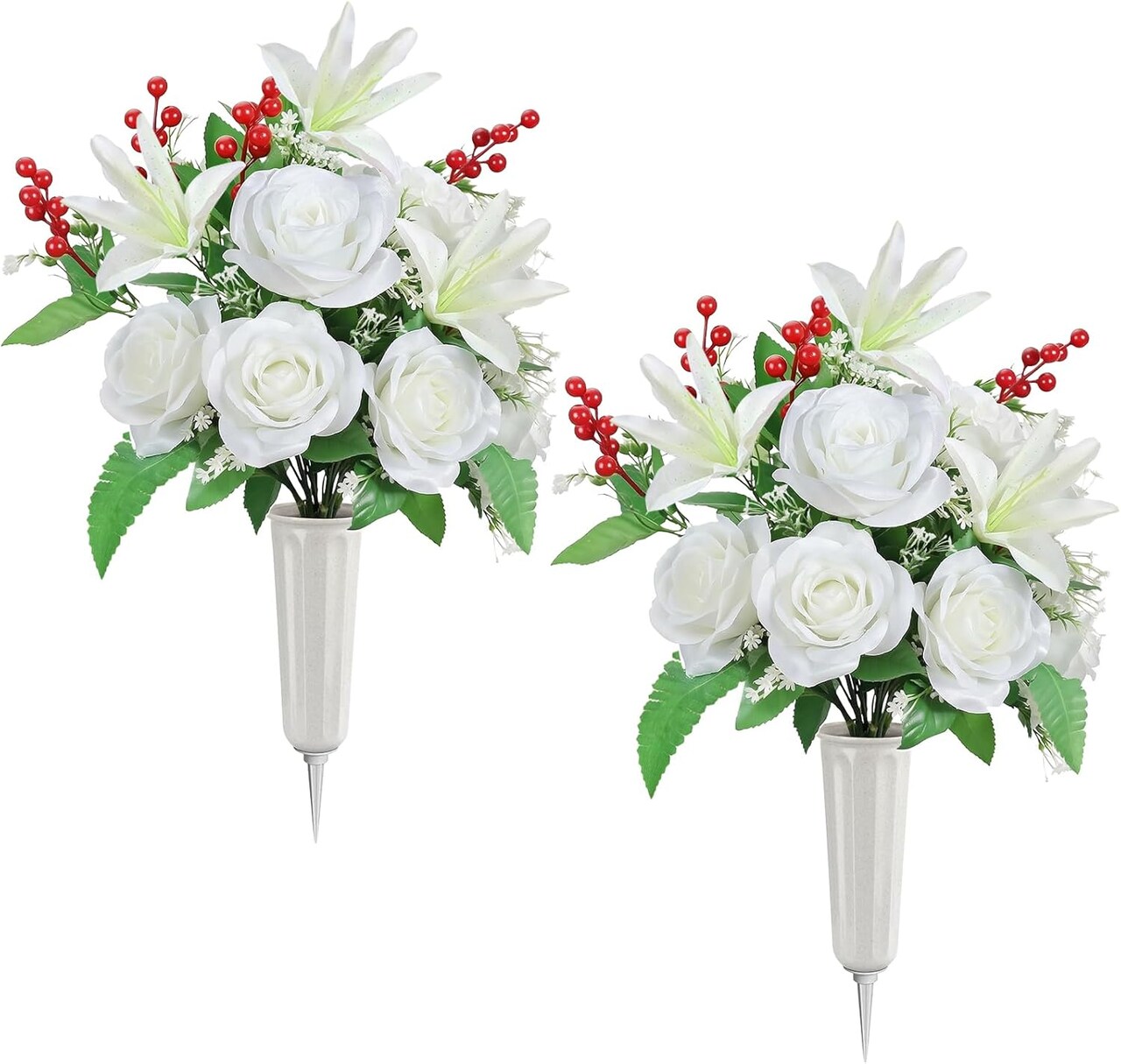 White Artificial Cemetery Flowers for Graveside - Set of 2 Large Rose and Lily Memorial Bouquets with Vases - 19.7" UV Resistant Grave Decorations for Outdoors - Funeral & Memorial Day Flowers